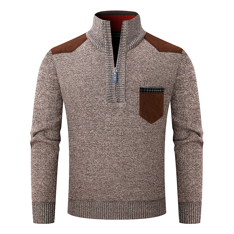 Suéter masculino de malha com forro de lã e meio zíper – Pulôver térmico respirável com gola alta_voghion.com