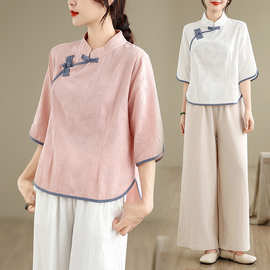 中国风复古棉麻汉服上衣女瑜伽服禅意茶服套装禅修居士服