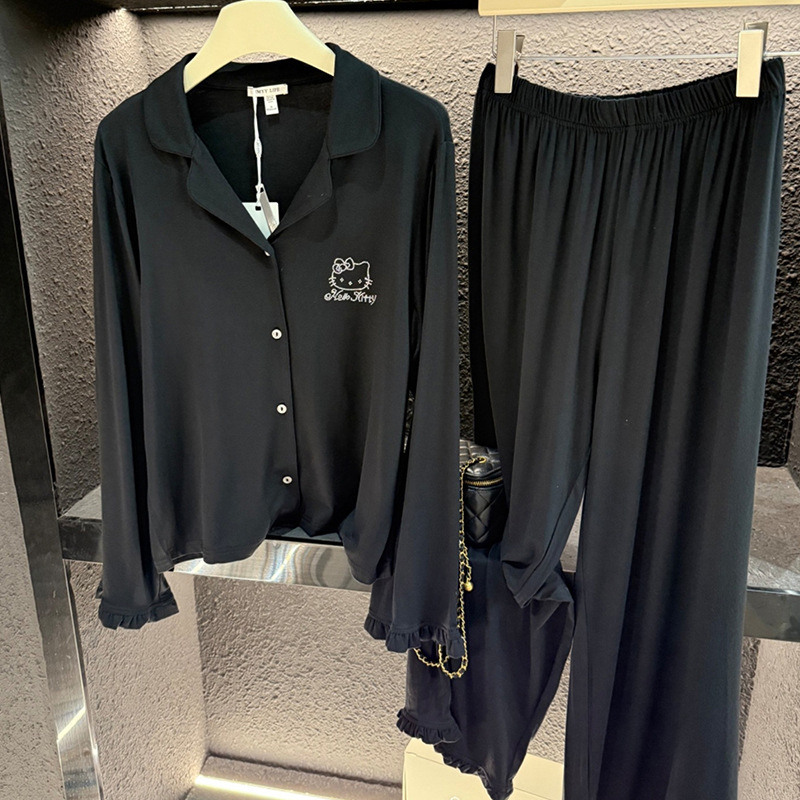 高级感黑色Hello Kitty莫代尔睡衣女春秋新款长袖长裤家居服套装|undefined