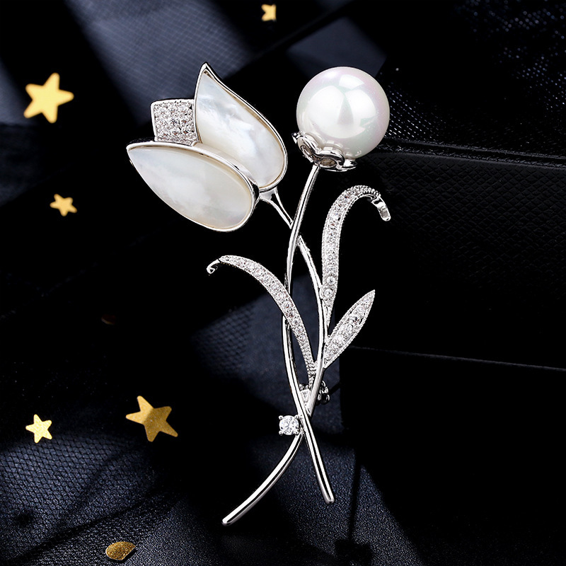 Tulpenblüten Perlenbrosche Für Herren, Elegante Kristallnadel_voghion.com
