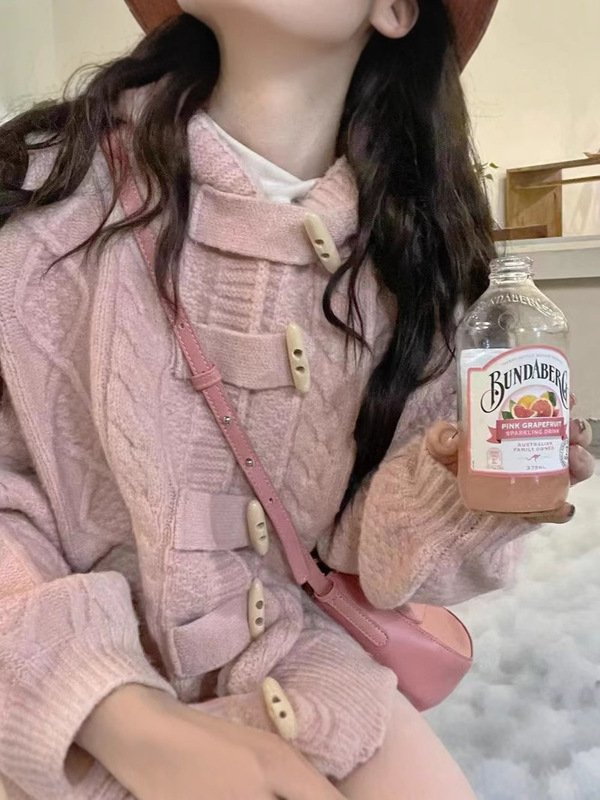 麻花毛衣外套女装2025秋冬新款甜美灯笼袖牛角扣连帽加厚针织开衫|undefined
