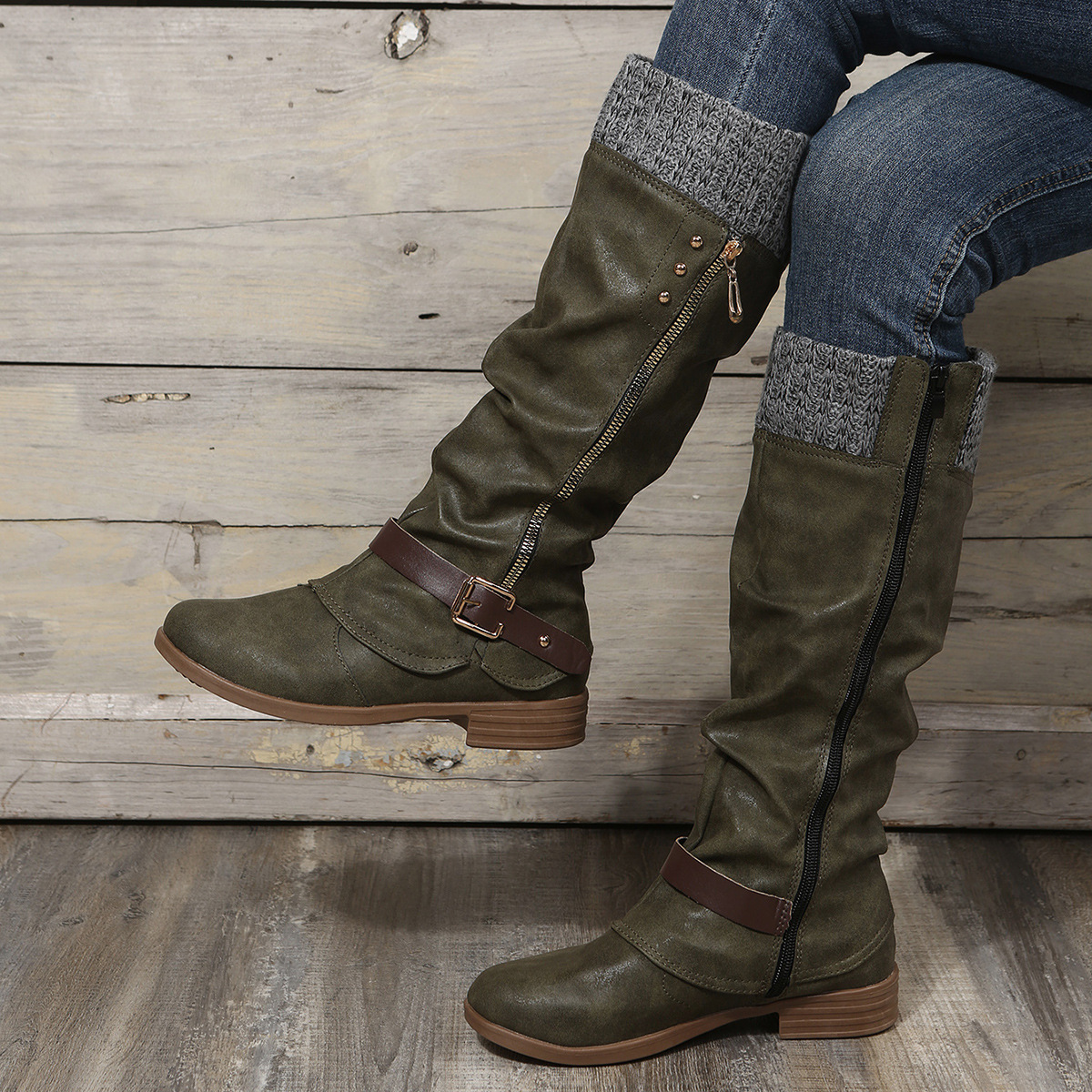 Round toe chunky heel mid-simple warm side zip boots_voghion.com