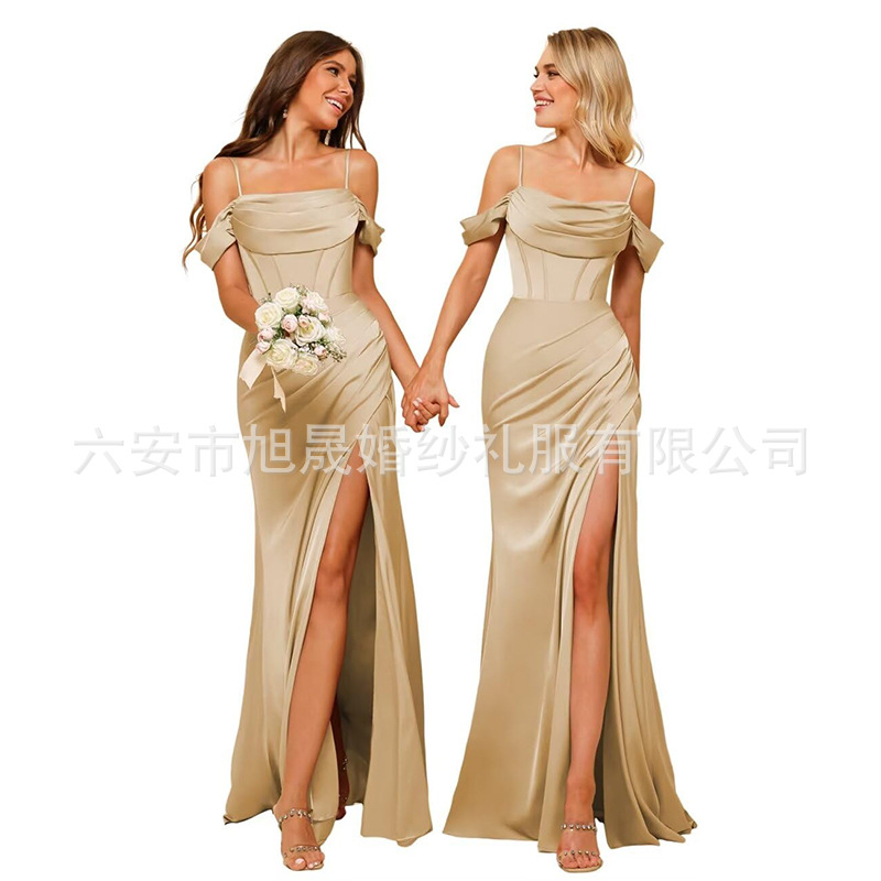 2025 European and American Sexy and Elegant Spaghetti Strap Socialite Party Evening Dress with Patchwork Waist-Cinching Banquet Dress
