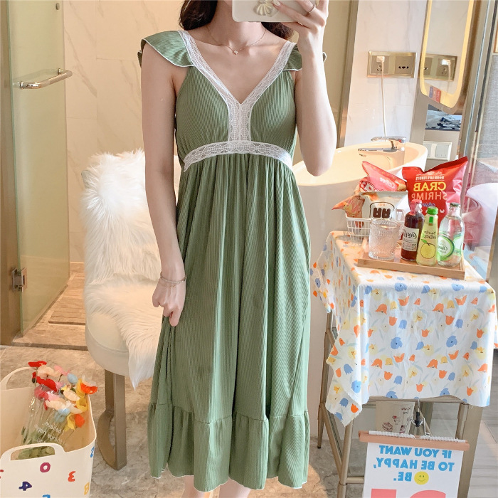 El comercio exterior 2023 camisón de verano pijamas delgados de las mujeres sexy sling Net punto rojo de longitud media con el pecho pad ropa para el hogar