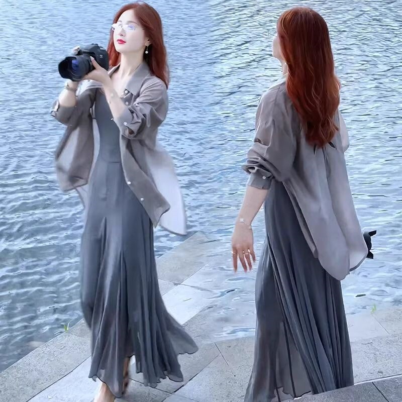 Fashionable Dress for Women 2026 Summer Stylish Slimming Age-Reducing Sun-Protective Shirt Paired with a Long Strap Dress Two-Piece Set