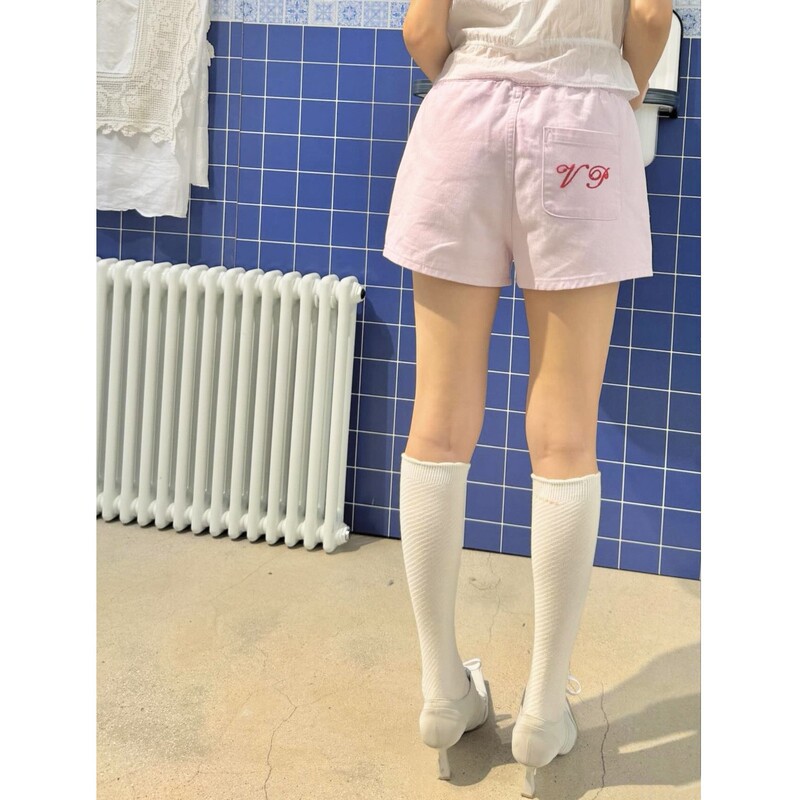 New 2026 Summer Collection Korean Designer Viapl*In Elastic Waist Pocket Embroidery Solid Color Shorts
