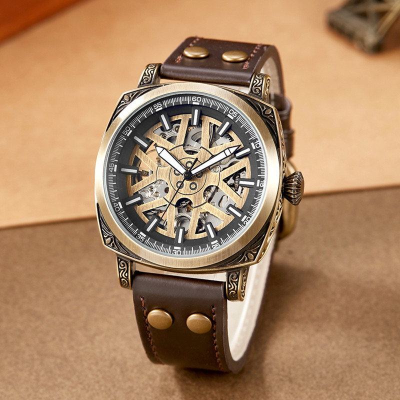 SHENHUA nuevo en stock reloj mecánico de los hombres luminoso impermeable multi-funcional tallado reloj mecánico automático