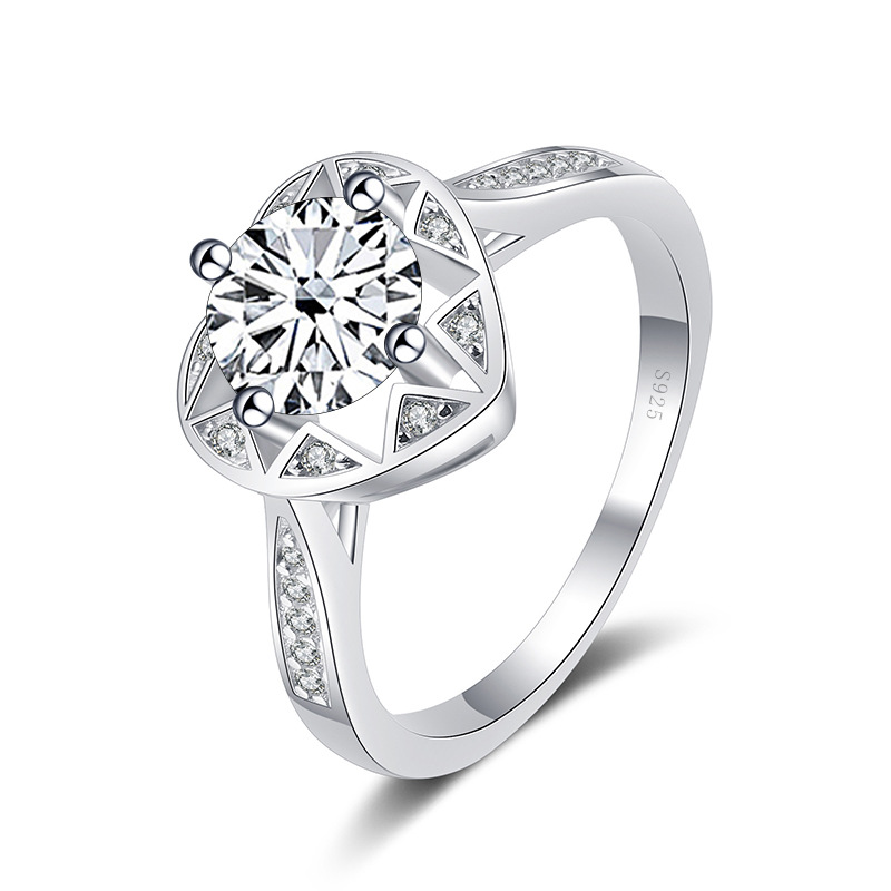 Ventas transfronterizas calientes S925 plata redonda 1 quilates anillo de piedra de moissanita estilo simple anillo de moda