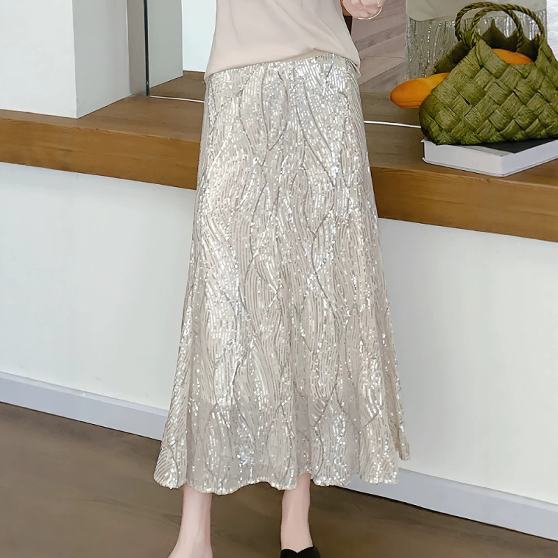 Super Beautiful and Gentle Sequined Fishtail Skirt 2026 Summer New Style Drapey Mid-Length Skirt Mesh A-Line Hip-Hugging Skirt