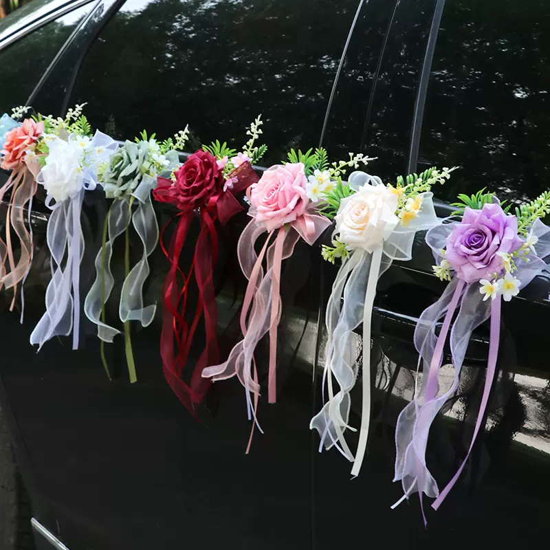 婚车后视镜装饰花婚庆车队蝴蝶结门把手花仿真花结婚楼梯扶手假花
