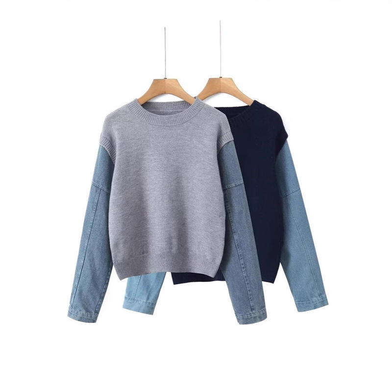 ZA Lazy Style Casual Sweater Design High-end Top Women's Autumn and Winter New Denim Sleeve Stitching Knitwear