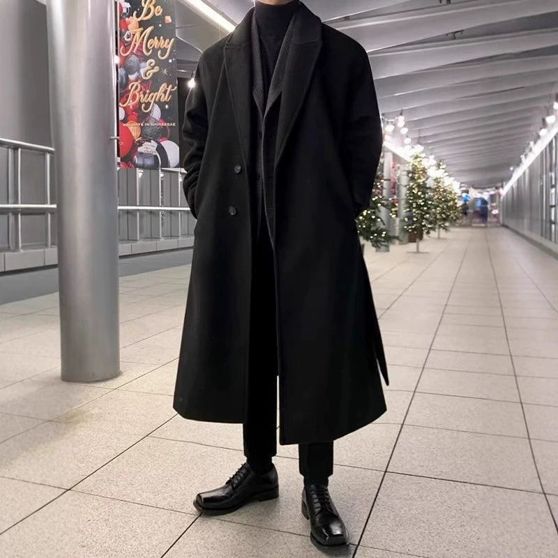 Демисезонное шерстяное пальто-тренч, мужское, в oversized английском/корейском стиле, средней длины, тёплое