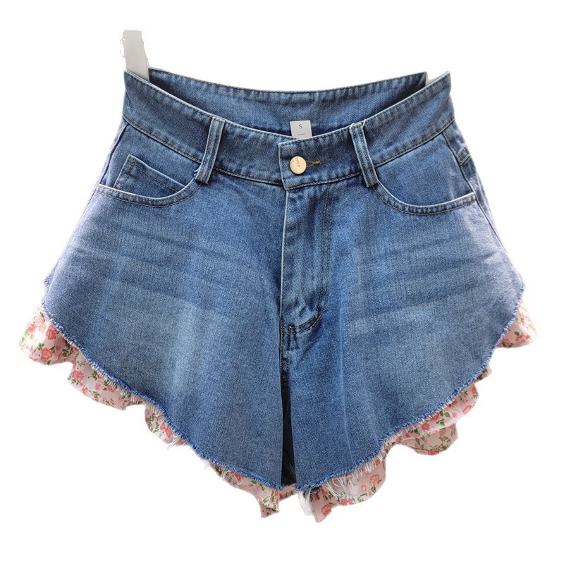 Pantalones Cortos de Mezclilla Efecto Dos Piezas con Estampado Floral para Mujer image 5