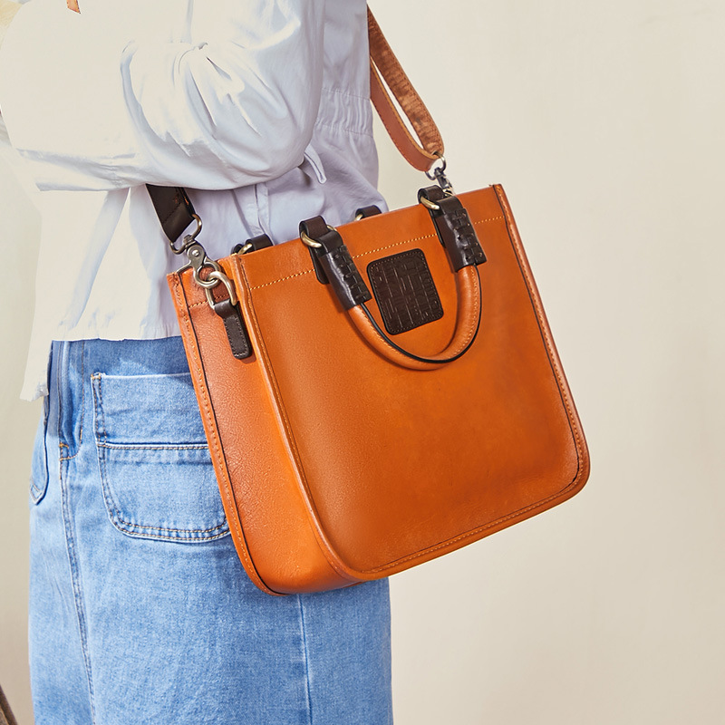 Genuine Leather Bag for Women 2025 New Retro First-Layer Cowhide Simple Contrasting Color Shoulder Bag Crossbody Bag Satchel Mother-In-Law Bag