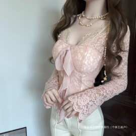 春秋蝴蝶结绑带粉色v领长袖蕾丝T恤女修身收腰设计感纯欲打底上衣