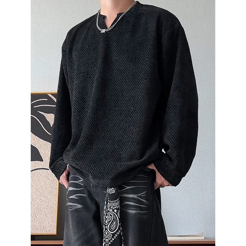 High Weight 320g V Neck Twill Silver Silk Chenille Comfortable Large Size Long-Sleeved T-Shirt Men's T24545-Special P25 Control 48