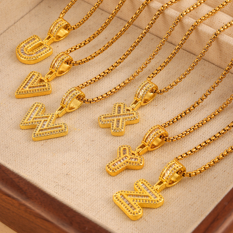 Lanyuede Cross-Border 26 English Letter Pendant Zircon Necklace Inlaid with Czech Diamond Hip-Hop Baguette Chain Clavicle Chain