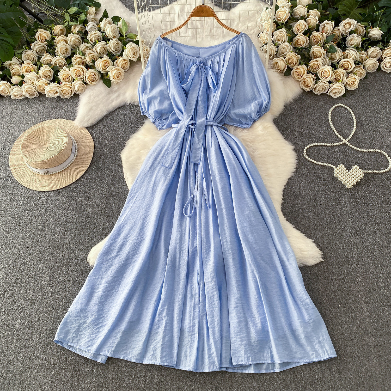 Women's French Style Tie Neck Puff Sleeve Dress Gentle Elegant Summer Casual Long Dress Simple Commuting Style_ecoleips.com