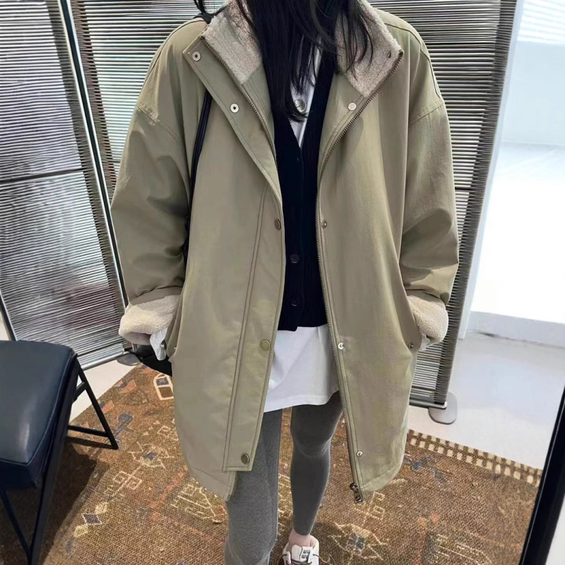 European Parksuit stand collar fleece-lined cotton-padded women's 2024 winter new frock padded warm coat lamb wool trench coat European Parksuit stand collar fleece-lined cotton-padded women's 2024 winter new frock padded warm coat lamb wool trench coat