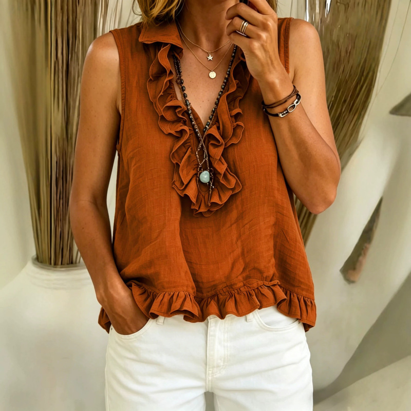 Amazon Cross-Border Summer New European and American Fashion V-Neck Ruffled Sleeveless Vest Top Vacation Style Shirt for Women Amazon Cross-Border Summer New European and American Fashion V-Neck Ruffled Sleeveless Vest Top Vacation Style Shirt for Women