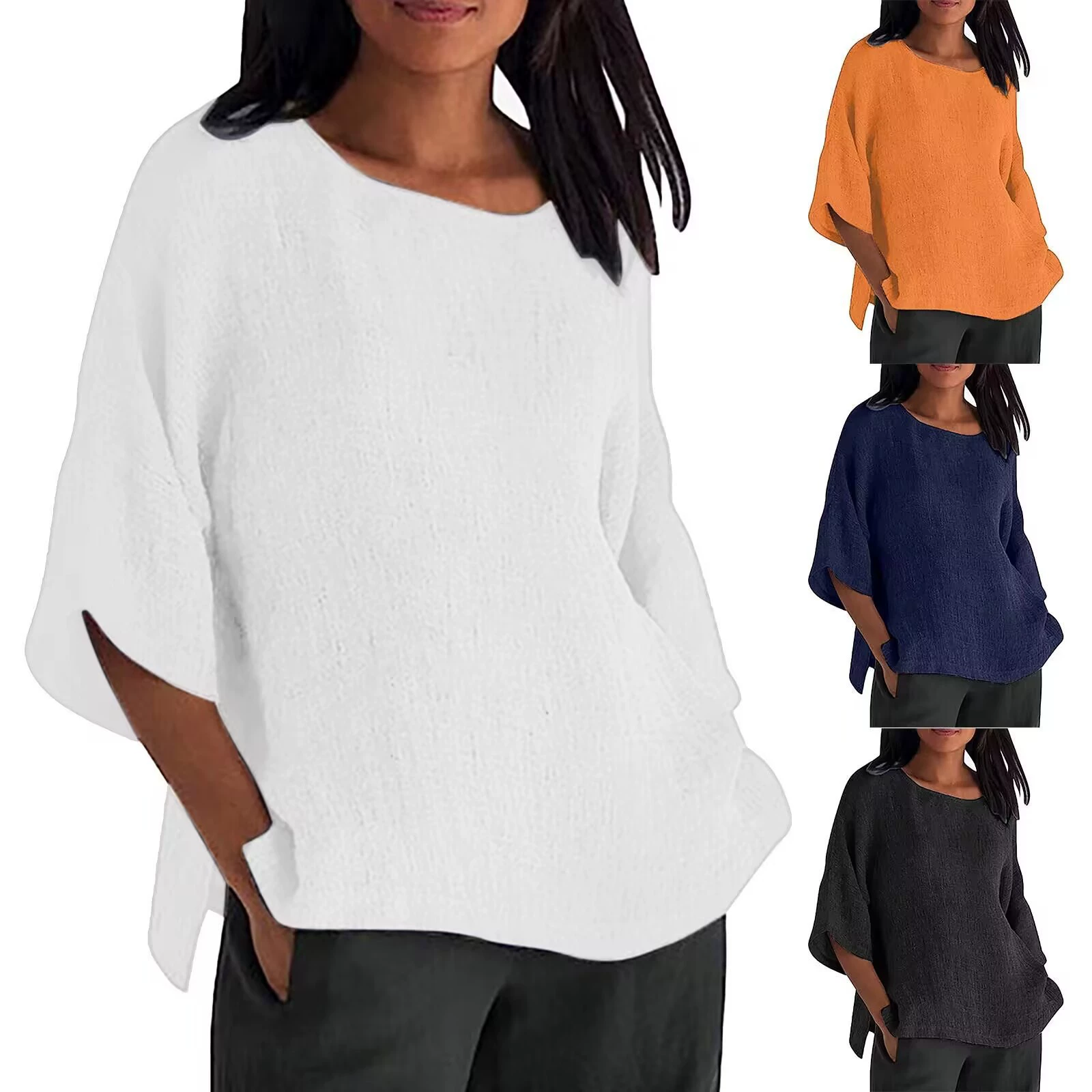 2023 Летний трансграничный новый Amazon wish Европа и США с седьмым рукавом с круглым рукавом сплошной хлопчатобумажная рубашка повседневный топ