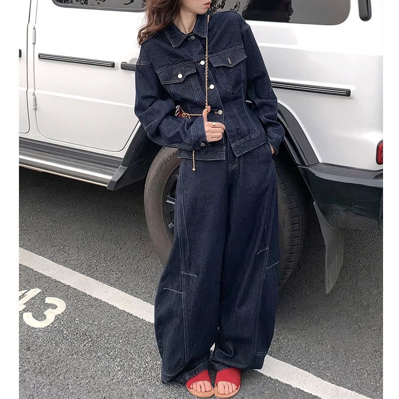 Retro Design Denim Jacket for Women 2024 Autum New Casual High-End Salt Wide-Leg Pants Two-Piece Suit