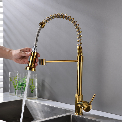 Cross-border exclusive supply of golden spring pull-out kitchen faucet hot and cold multi-functional sink dish basin faucet