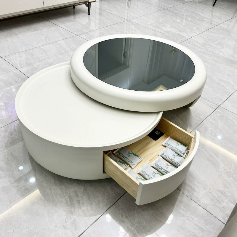 Журнальный столик на колесиках, кремового цвета, комбинированный, из закаленного стекла, для маленькой квартиры, простой, круглый, для дома, гостиной.