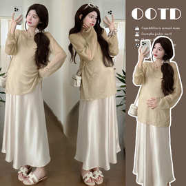 2026春夏季时尚简约文艺慵懒风防晒杉+醋酸吊带裙孕妇套装两件套