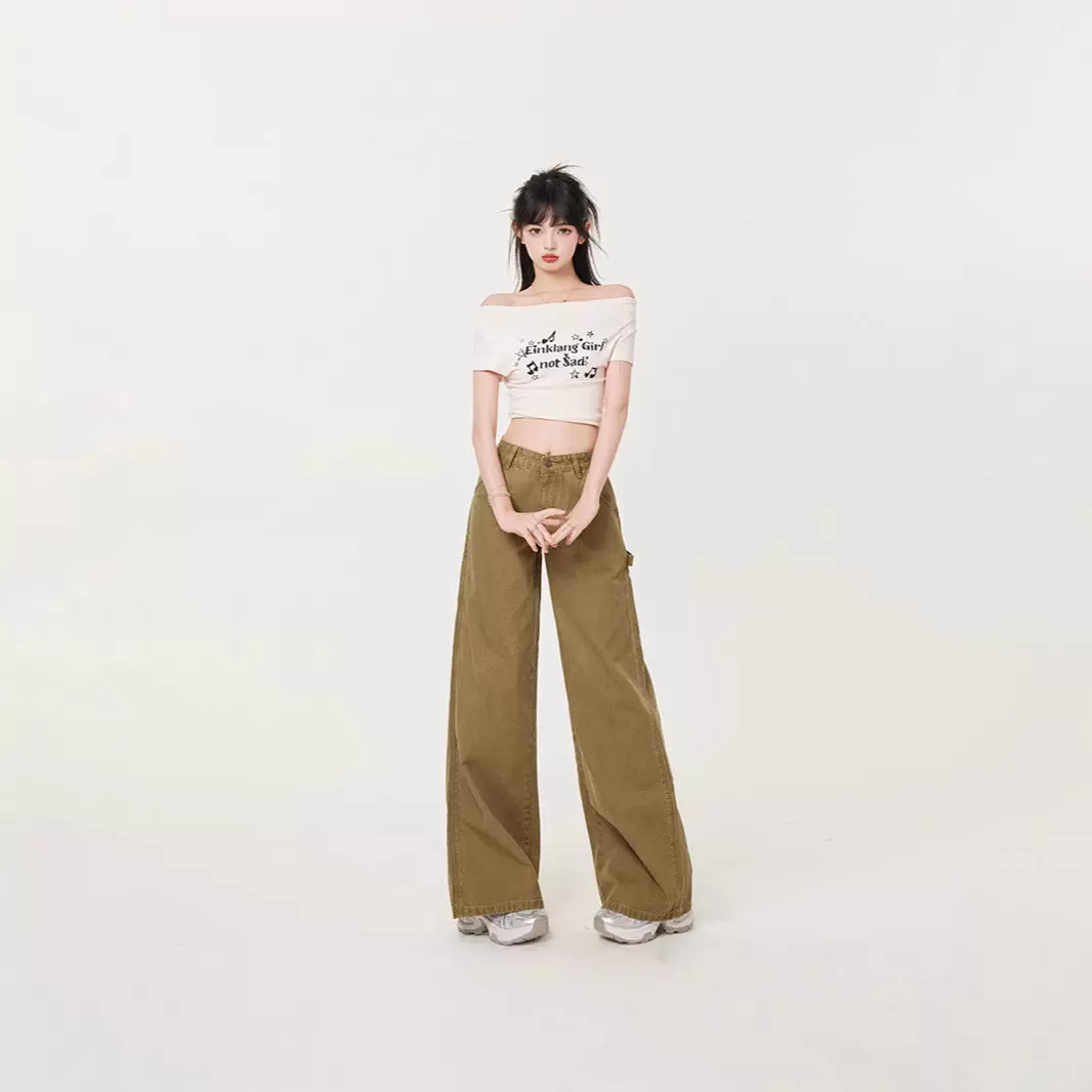 美式复古低腰水洗辣妹工装裤时尚潮流女新款微喇牛仔裤长裤&加长