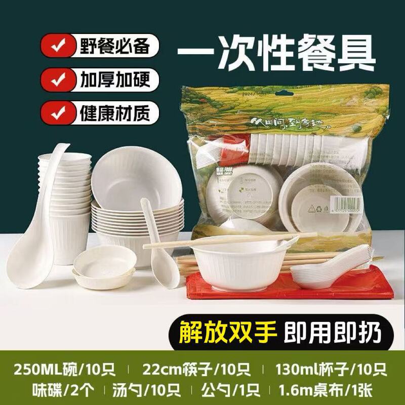 Bagged Set of 10-Person Disposable Bowls and Chopsticks, 7-Piece Cutlery Set, Thickened, for Picnic, Outdoor Camping, Biodegradable Dining