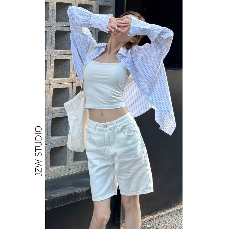 Straight-Leg Jeans for Women 2025 Summer New Versatile Five-Point Pants with Drape, High-Waisted, Loose, Hip-Covering, Slimming Jeans