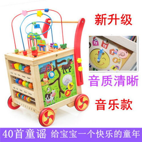 Wooden children's walker stroller baby baby walker multi-function speed-adjustable wooden educational toy car