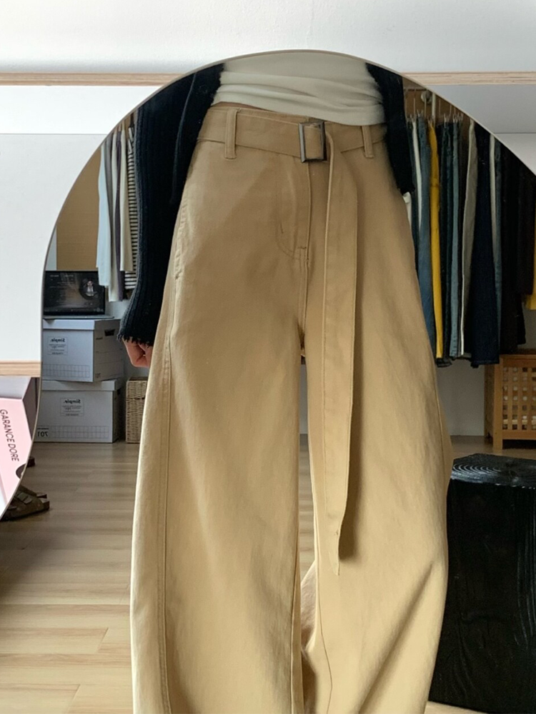 美式复古腰带卡其色阔腿牛仔裤女2025新款高腰宽松显瘦垂感休闲裤|undefined