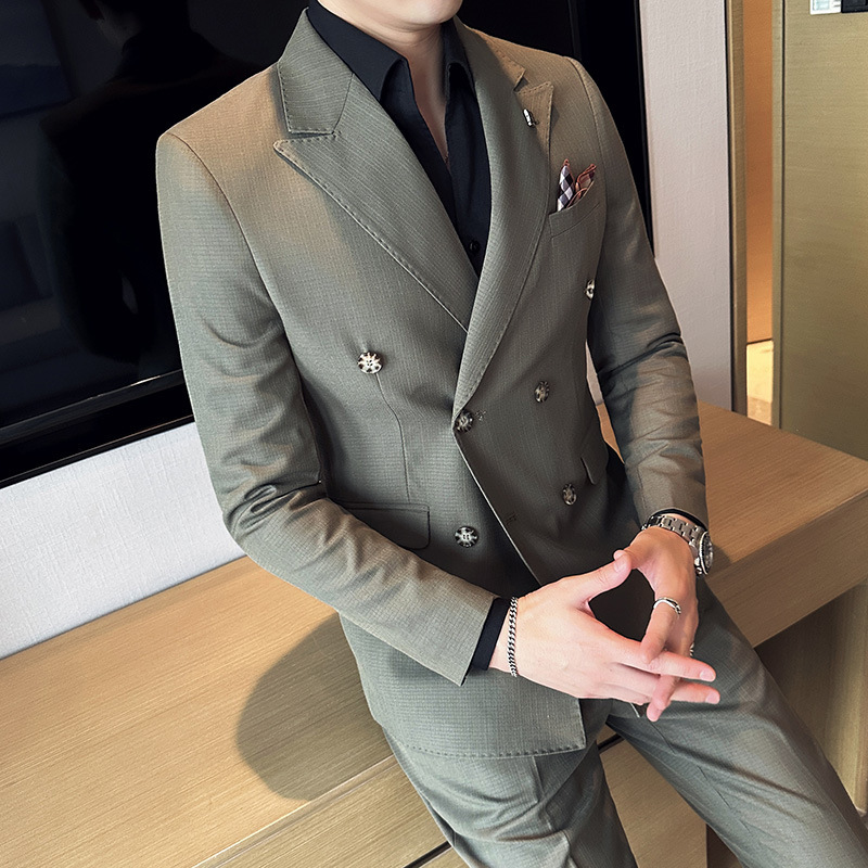 Cross-border foreign trade high-quality men's suit suit slim dark pattern double-breasted barge collar suit two-piece wholesale