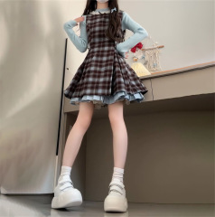 学院风蓝色格子背心连衣裙子女初秋季新款小个子香风短裙套装