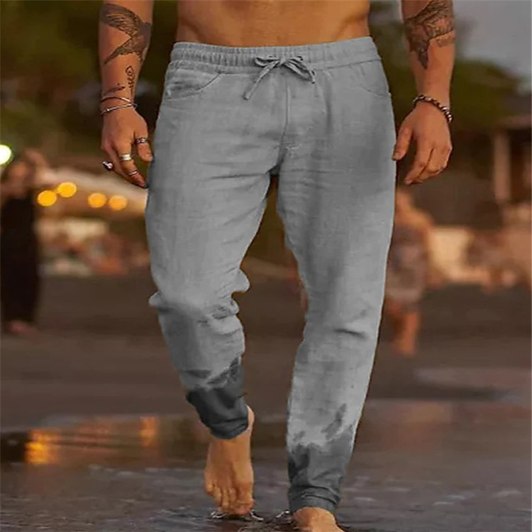 Nuovi pantaloni casual da spiaggia larghi in lino di cotone tinta unita con coulisse_voghion.com