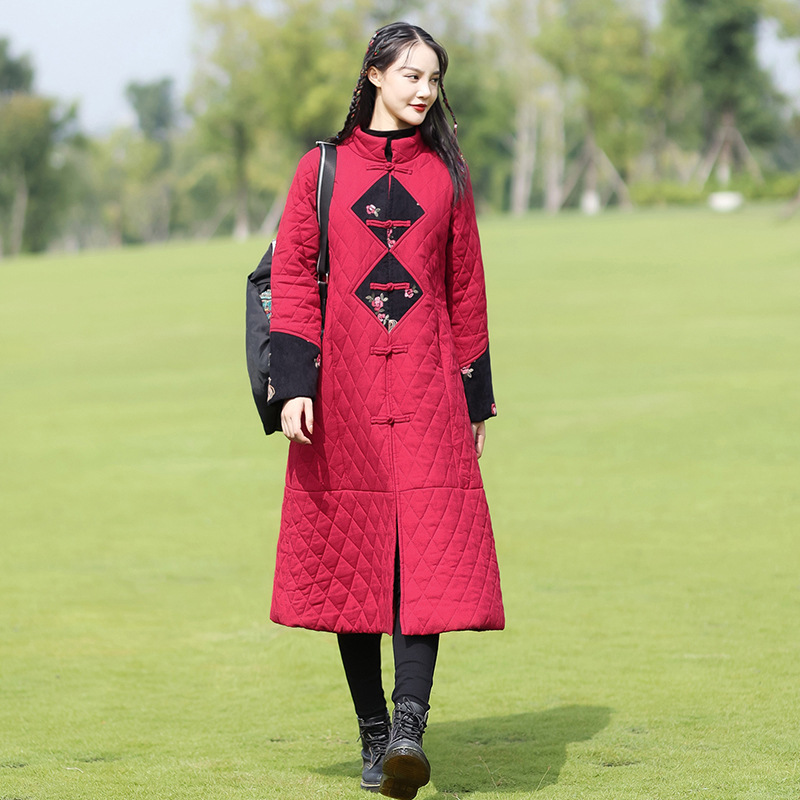2025秋冬新款中国民族风立领贴布刺绣撞色中长保暖棉衣棉服外套