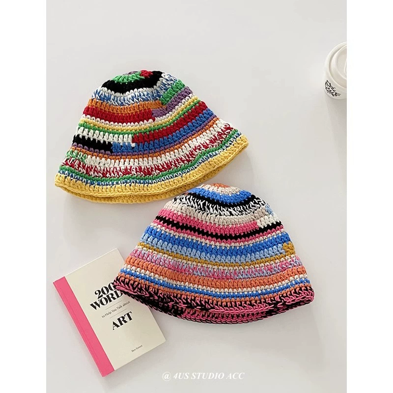 Японский нишевый ретро цветной handmade полосатый вязаный рыбацкий берет женский осень-зима свободный открывающий лицо маленькая шерстяная шапочка тренд