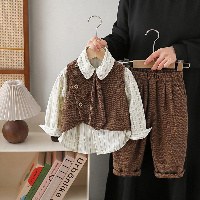 7753 Camisa de chaleco coreana para niños Traje de tres piezas 2025 primavera y otoño nuevo traje de pantalones de chaleco para bebés y niños