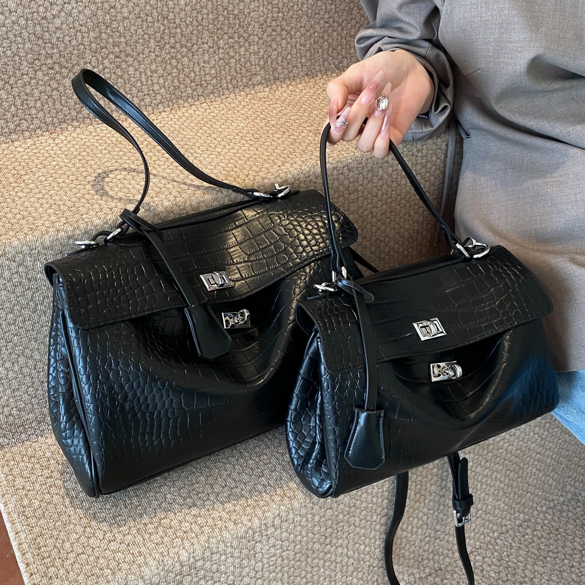 跨境欧美鳄鱼纹手提凯莉包包女2024新款时尚气质腋下包单肩斜挎包