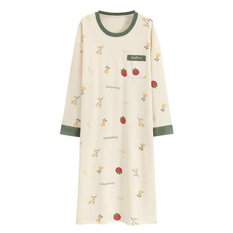 [Customized] pijama con cojín de pecho de primavera y otoño de algodón vestido de mangas largas de fresas dulce vestido de algodón vestido para el hogar