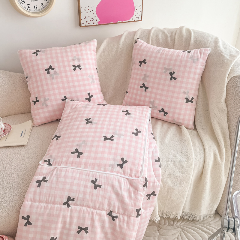 Brand New 40s Style Korean Washed Cotton Dual-use Car Pillow Blanket With A Refreshing Bow Design._voghion.com