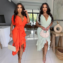 CY901879欧美亚马逊外贸性感深V林纯色不规则系带连衣裙宽松袖女