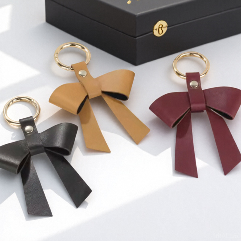 新款多巴胺PU皮革蝴蝶结钥匙扣挂件挂饰 女生箱包配饰包挂 钥匙扣