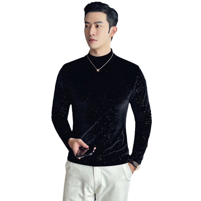 Fall/winter 2024 semi-high collar gold velvet long sleeve slim T-shirt men's fashion pullover fleece-lined collar solid color base shirt