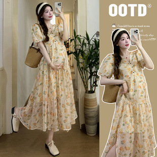 2025 Pregnant Women Summer V-Neck Loose Slimming Floral Puff Sleeve Sweet Age-Reducing Fashion Trendy Mom Dress