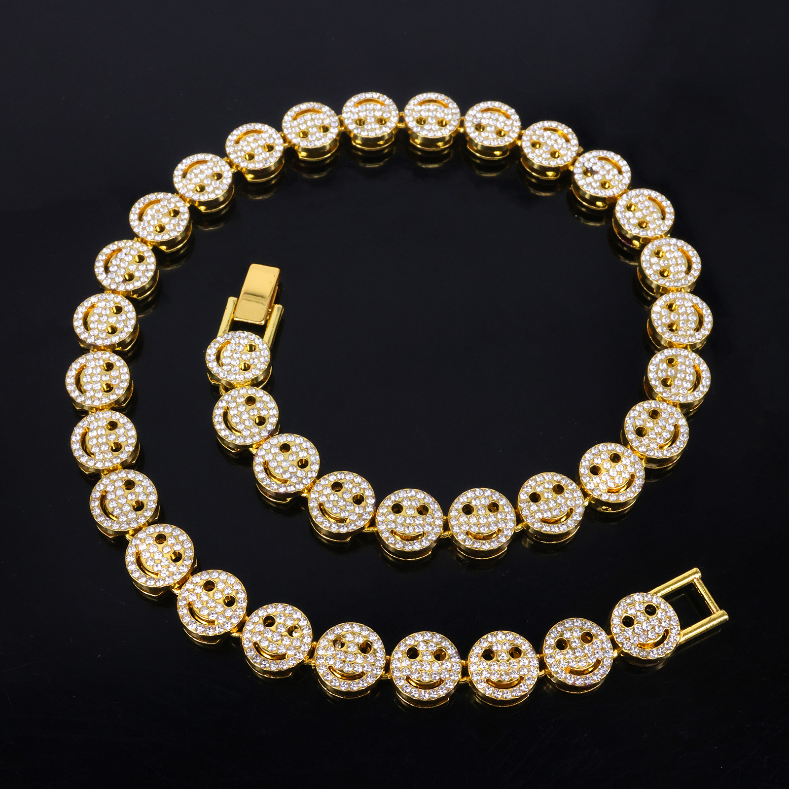 Europe and the United States 12mm smiley face with rhinestone alloy men's necklace high-level cool personality cross-border hip-hop Cuban chain