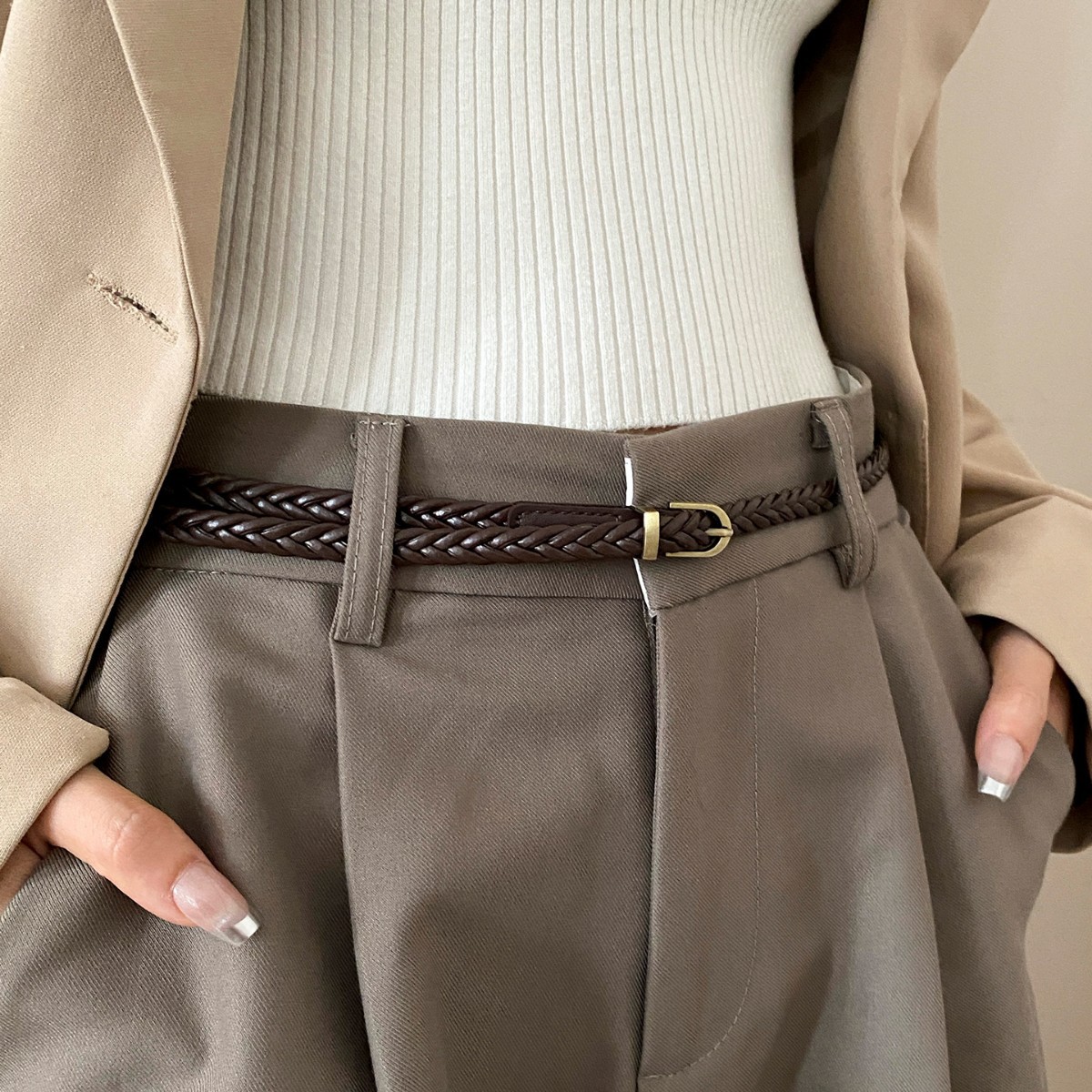 Vintage flätat skärp med metallspänne för damjeans vardag_voghion.com