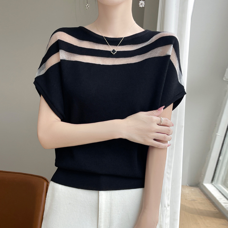 2025夏の新型欧根紗は氷の丸首のニットの半袖のtシャツの女性の薄いネットの上着の夏をつなぎ合わせます。